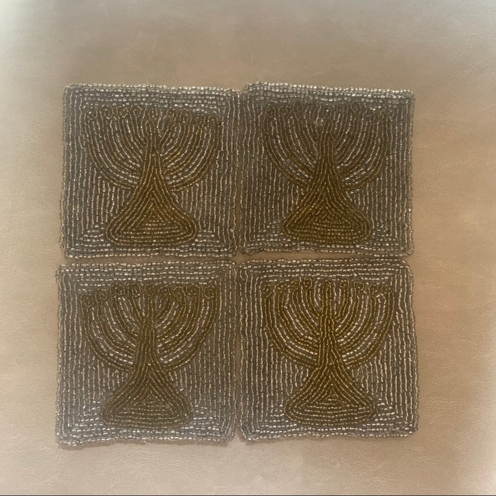 Menorah beaded coasters in silver and gold